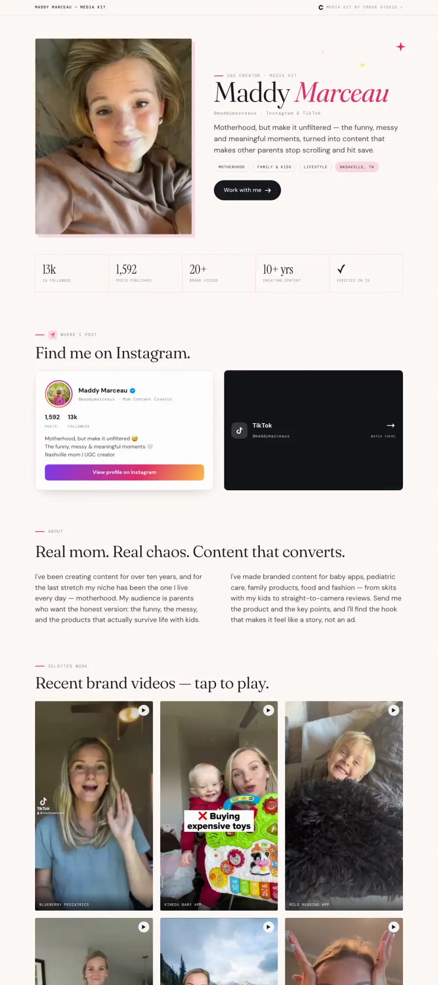 The first screens of Maddy Marceau’s media kit